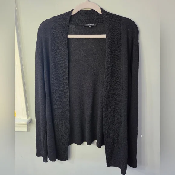 Eileen Fisher 100% Wool Black Open Front Cardigan Minimalist Classic *Flaw Large - Picture 2 of 9